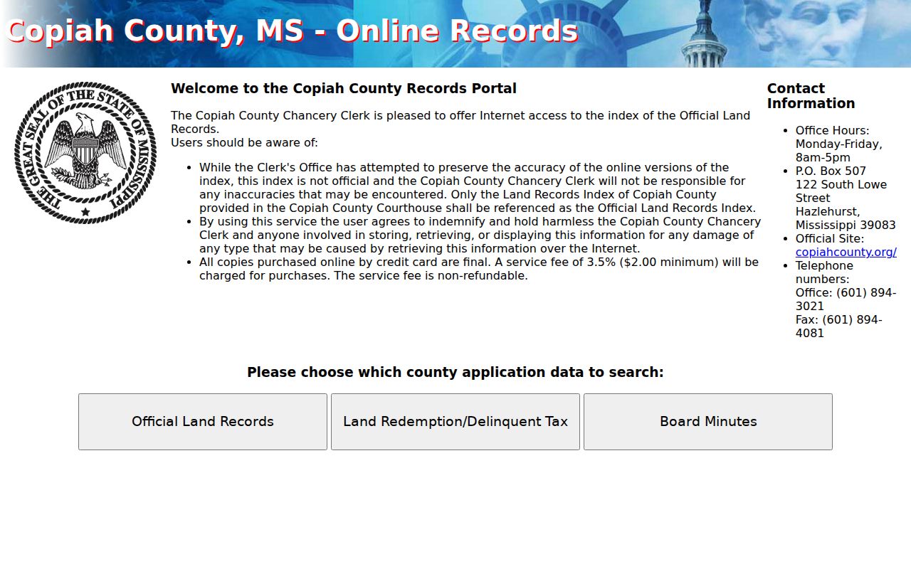 Copiah County chancery online land-record index landing page, not a warrant search
