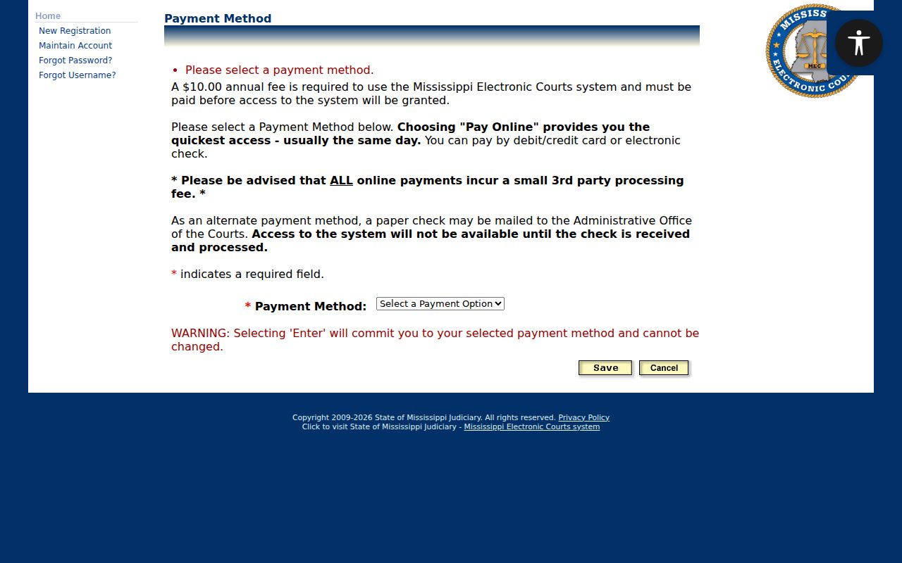 PAMEC payment method screen showing the annual fee for Copiah County court record access