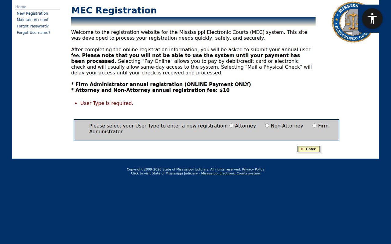 Copiah County court access through the PAMEC non-attorney registration screen for warrant record research