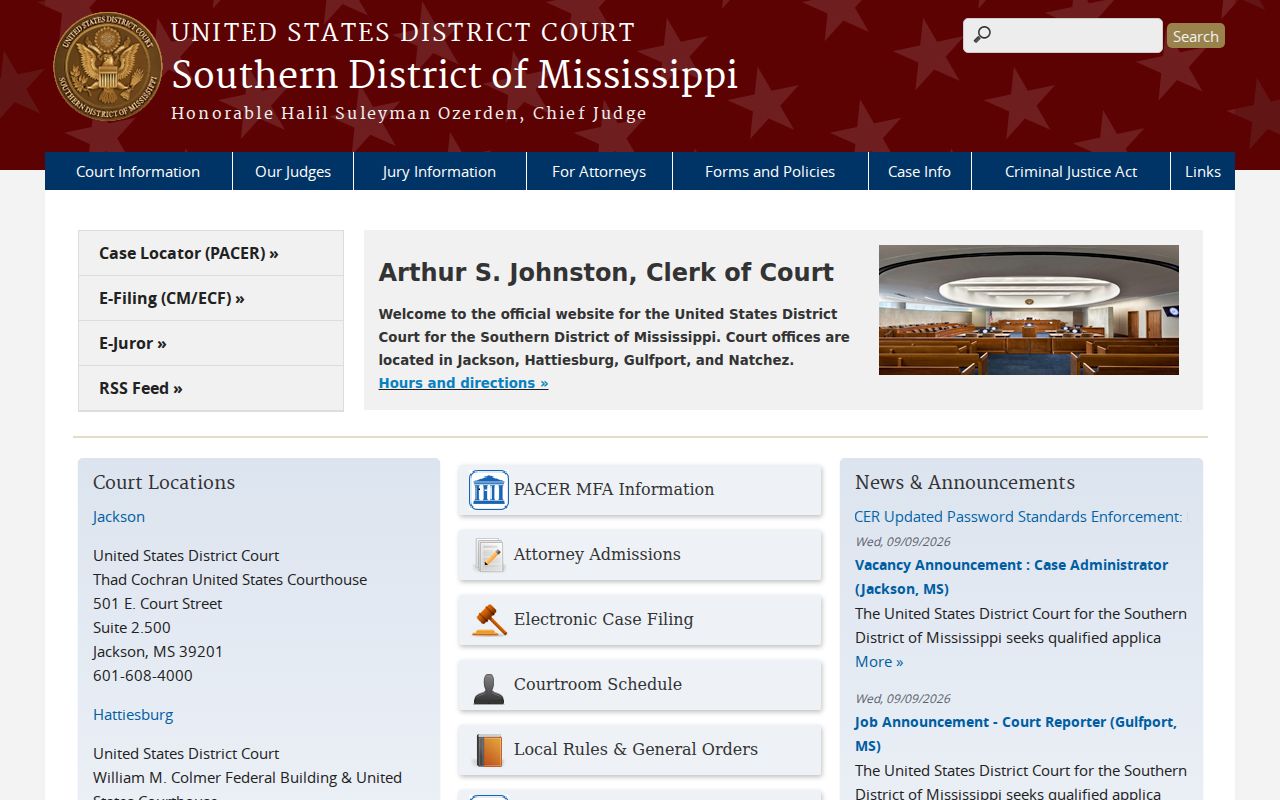 Southern District of Mississippi federal court site covering Copiah County warrant and case matters