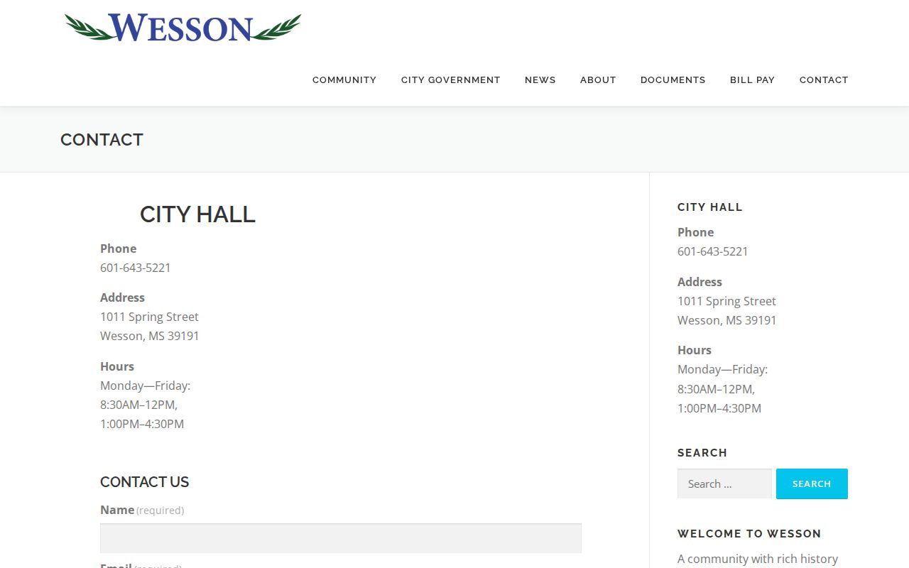 Official Town of Wesson contact page used for Copiah County warrant record requests